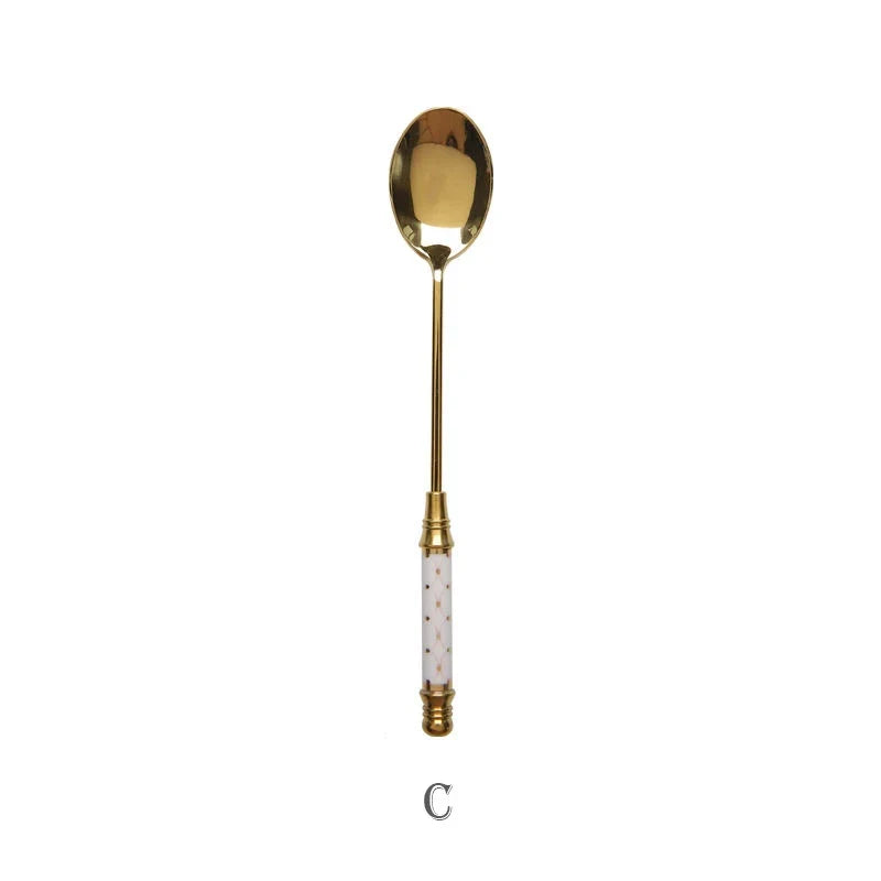 Stainless Steel Dessert Spoon- Ceramic Long Handle Gold Teaspoon