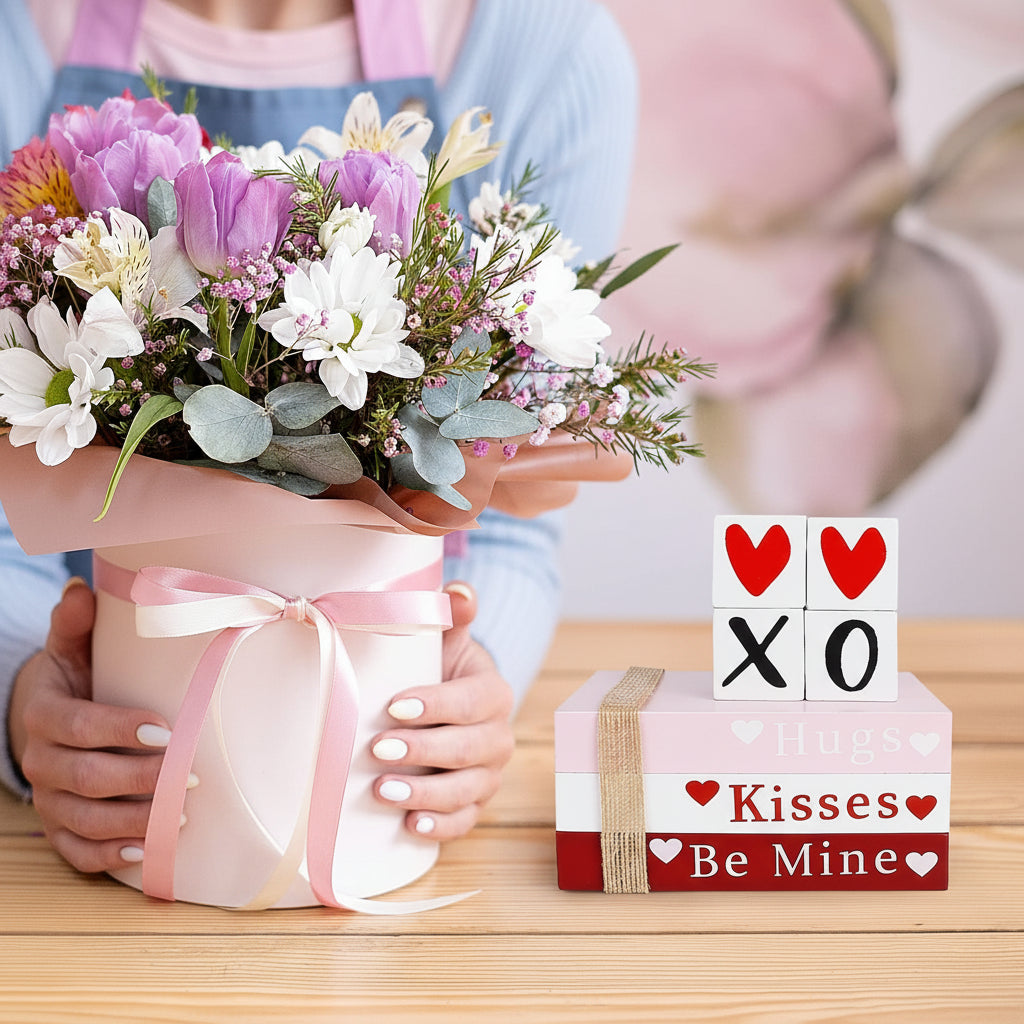Table Decor Wooden Valentine Book Stack Heart Shelf Signs
