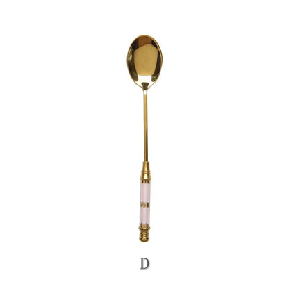 Stainless Steel Dessert Spoon- Ceramic Long Handle Gold Teaspoon
