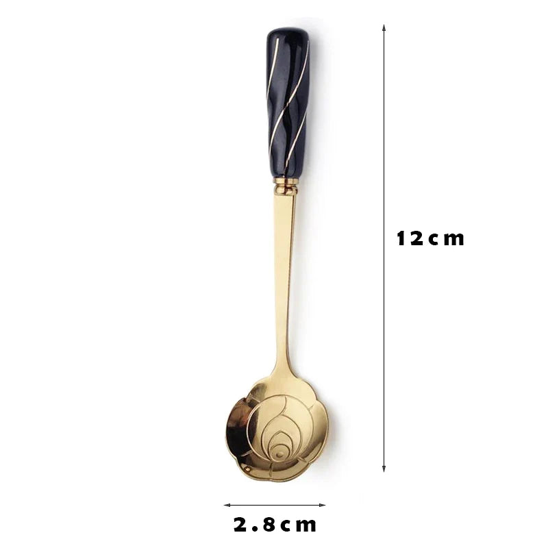 Stainless Steel Dessert Spoon- Ceramic Long Handle Gold Teaspoon