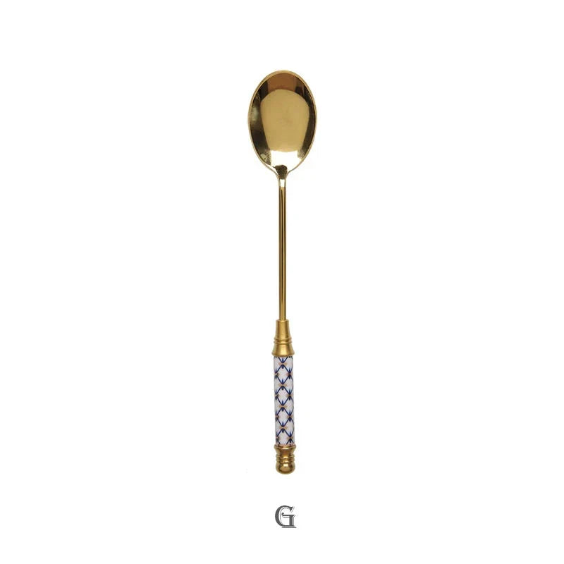 Stainless Steel Dessert Spoon- Ceramic Long Handle Gold Teaspoon