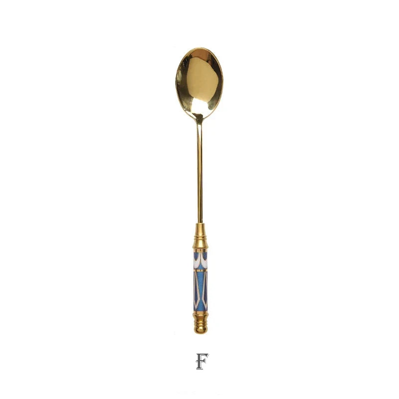 Stainless Steel Dessert Spoon- Ceramic Long Handle Gold Teaspoon