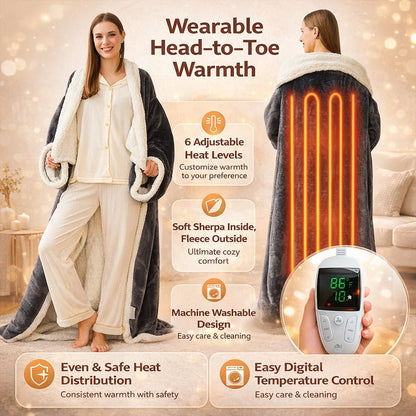 Wearable Electric Heated Blanket - Sherpa Fleece Throw for Adults, 6 Heat Levels 86-122F for Sofa, Reading, Movie Nights