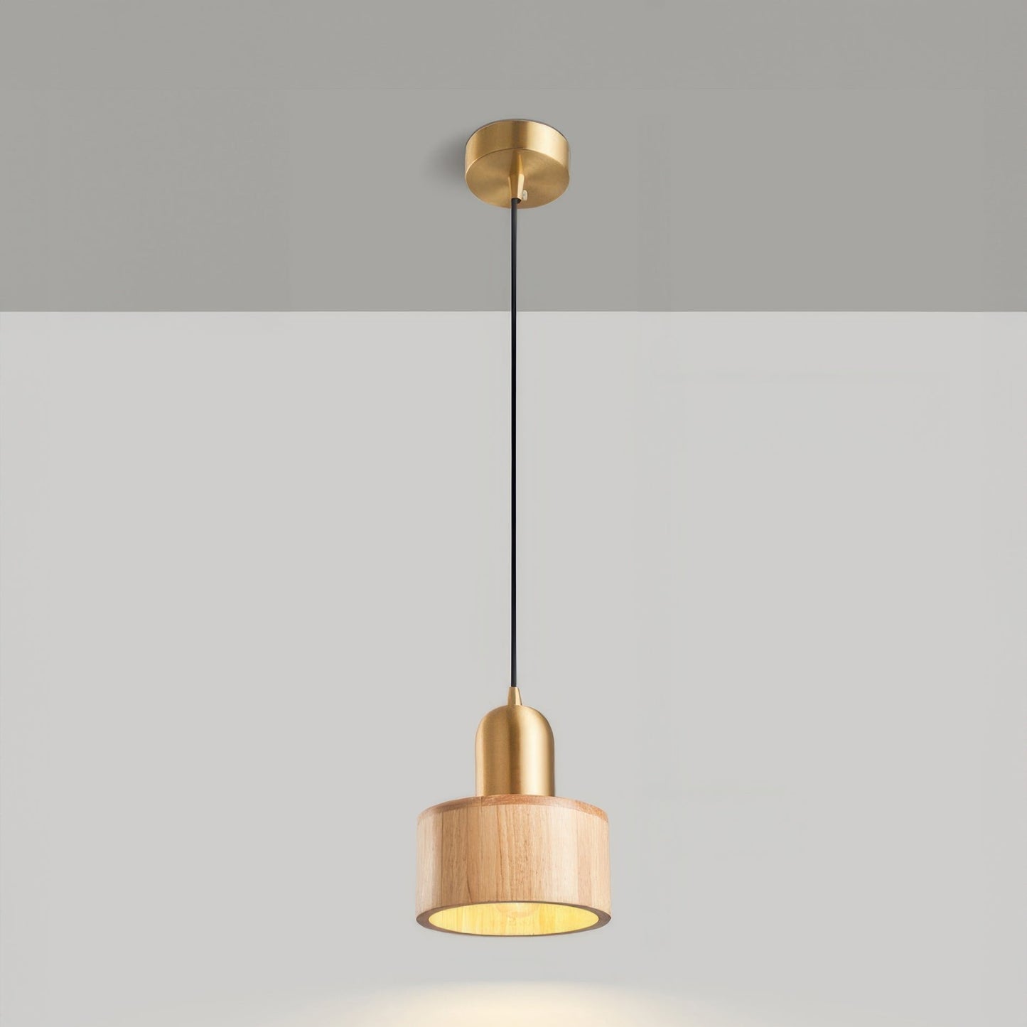Walnut and Brass Pendant Light - Japanese Style Cylinder Hanging Lamp for Dining Room, Bedroom, Minimalist Warm Lighting