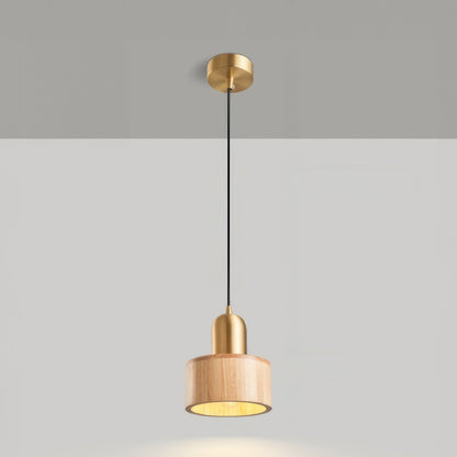 Walnut and Brass Pendant Light - Japanese Style Cylinder Hanging Lamp for Dining Room, Bedroom, Minimalist Warm Lighting