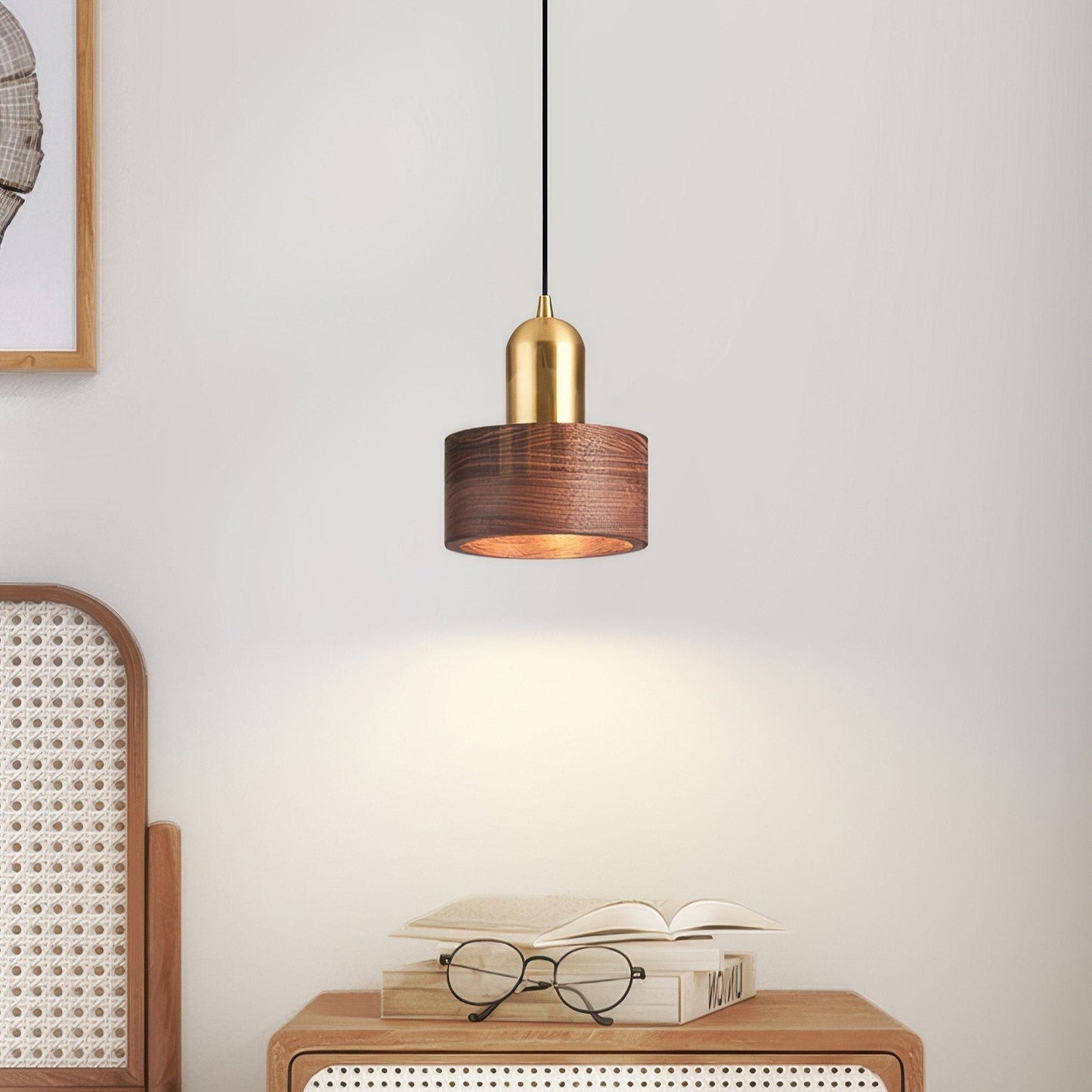 Walnut and Brass Pendant Light - Japanese Style Cylinder Hanging Lamp for Dining Room, Bedroom, Minimalist Warm Lighting
