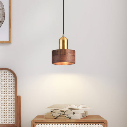 Walnut and Brass Pendant Light - Japanese Style Cylinder Hanging Lamp for Dining Room, Bedroom, Minimalist Warm Lighting