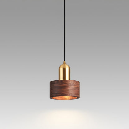 Walnut and Brass Pendant Light - Japanese Style Cylinder Hanging Lamp for Dining Room, Bedroom, Minimalist Warm Lighting