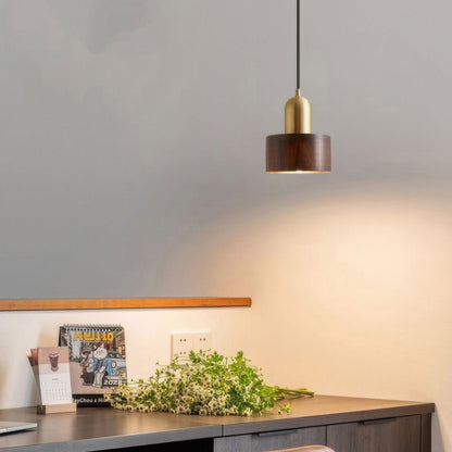 Walnut and Brass Pendant Light - Japanese Style Cylinder Hanging Lamp for Dining Room, Bedroom, Minimalist Warm Lighting