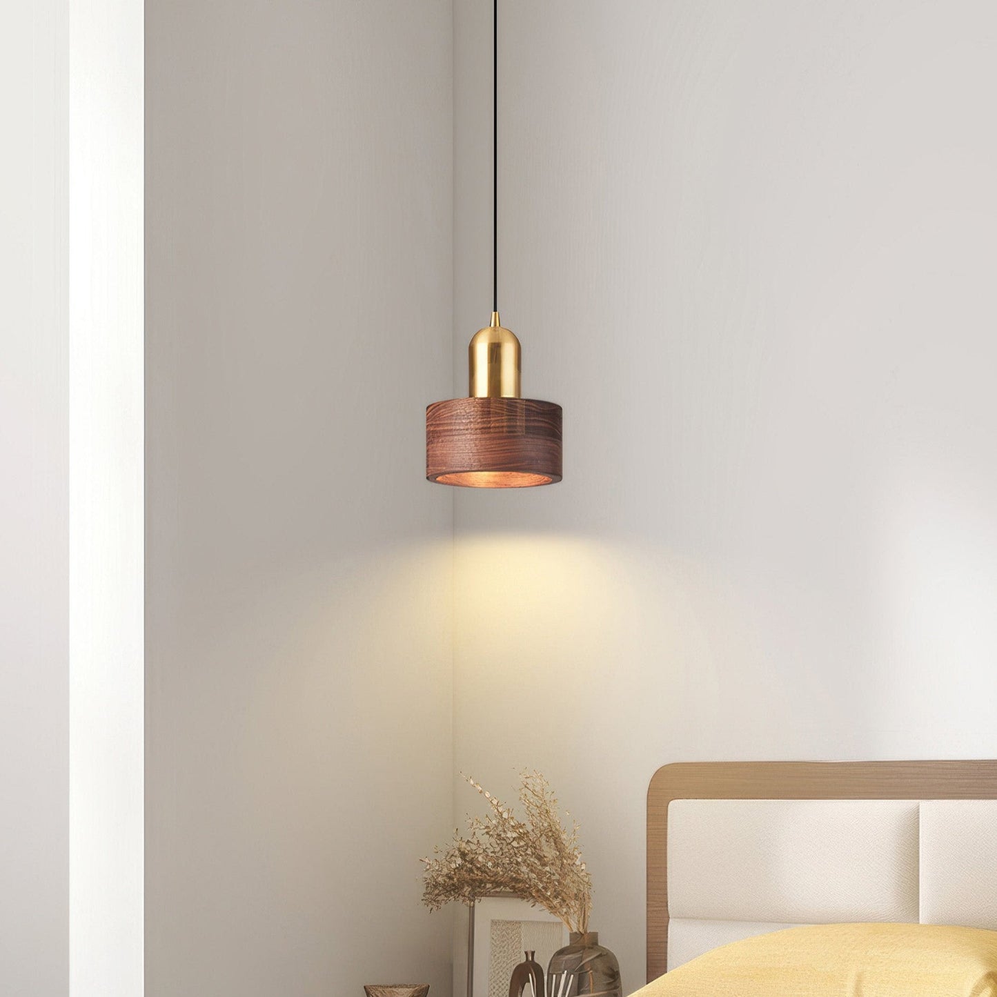Walnut and Brass Pendant Light - Japanese Style Cylinder Hanging Lamp for Dining Room, Bedroom, Minimalist Warm Lighting