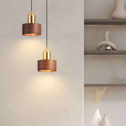 Walnut and Brass Pendant Light - Japanese Style Cylinder Hanging Lamp for Dining Room, Bedroom, Minimalist Warm Lighting