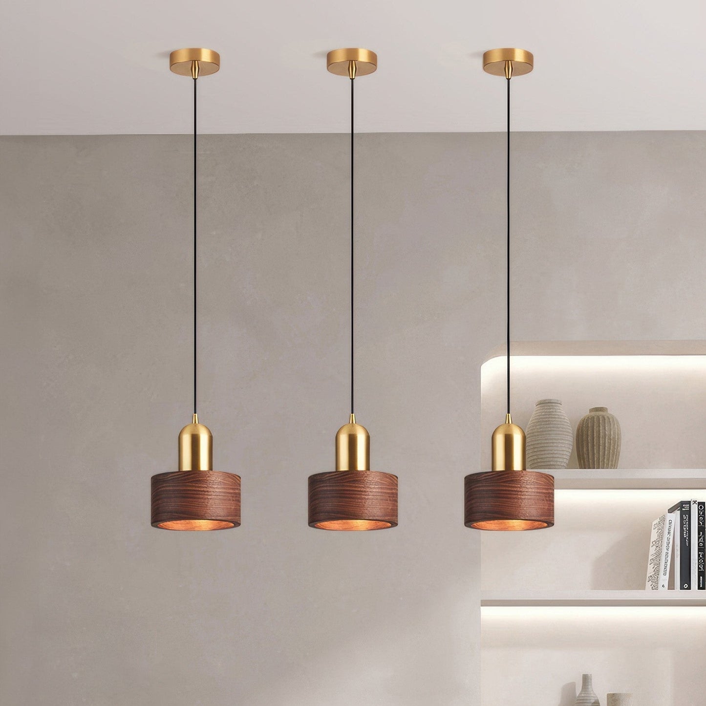 Walnut and Brass Pendant Light - Japanese Style Cylinder Hanging Lamp for Dining Room, Bedroom, Minimalist Warm Lighting