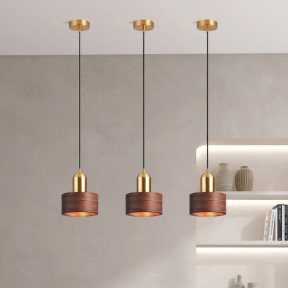 Walnut and Brass Pendant Light - Japanese Style Cylinder Hanging Lamp for Dining Room, Bedroom, Minimalist Warm Lighting