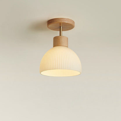 Wood and Glass Ceiling Lamp - Natural LED Flush Mount Light for Bedroom, Hallway, Living Room, Soft Diffused Warm Glow
