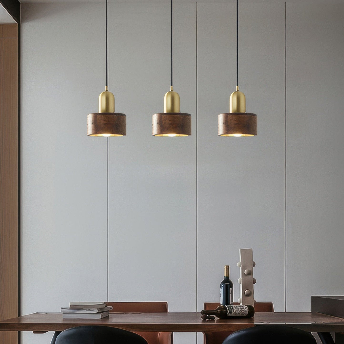 Walnut and Brass Pendant Light - Japanese Style Cylinder Hanging Lamp for Dining Room, Bedroom, Minimalist Warm Lighting