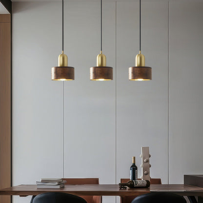 Walnut and Brass Pendant Light - Japanese Style Cylinder Hanging Lamp for Dining Room, Bedroom, Minimalist Warm Lighting