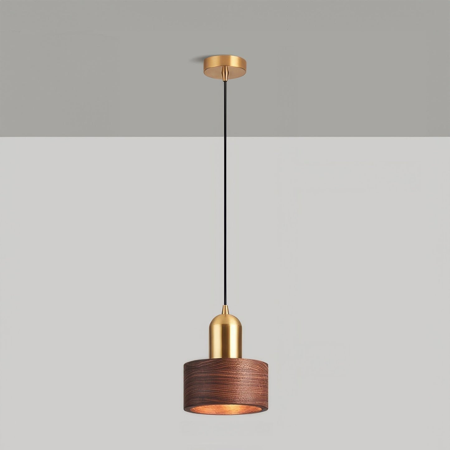 Walnut and Brass Pendant Light - Japanese Style Cylinder Hanging Lamp for Dining Room, Bedroom, Minimalist Warm Lighting