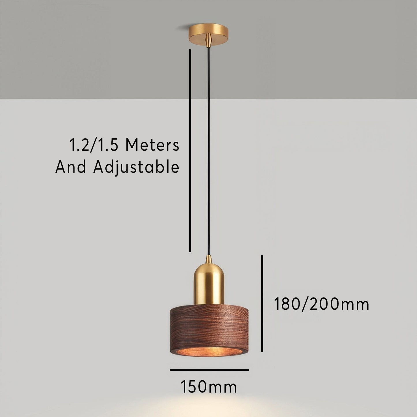 Walnut and Brass Pendant Light - Japanese Style Cylinder Hanging Lamp for Dining Room, Bedroom, Minimalist Warm Lighting