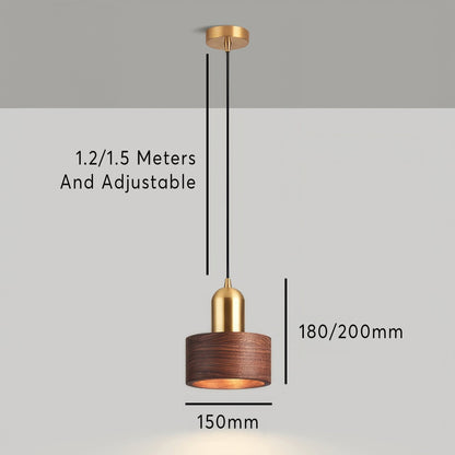 Walnut and Brass Pendant Light - Japanese Style Cylinder Hanging Lamp for Dining Room, Bedroom, Minimalist Warm Lighting