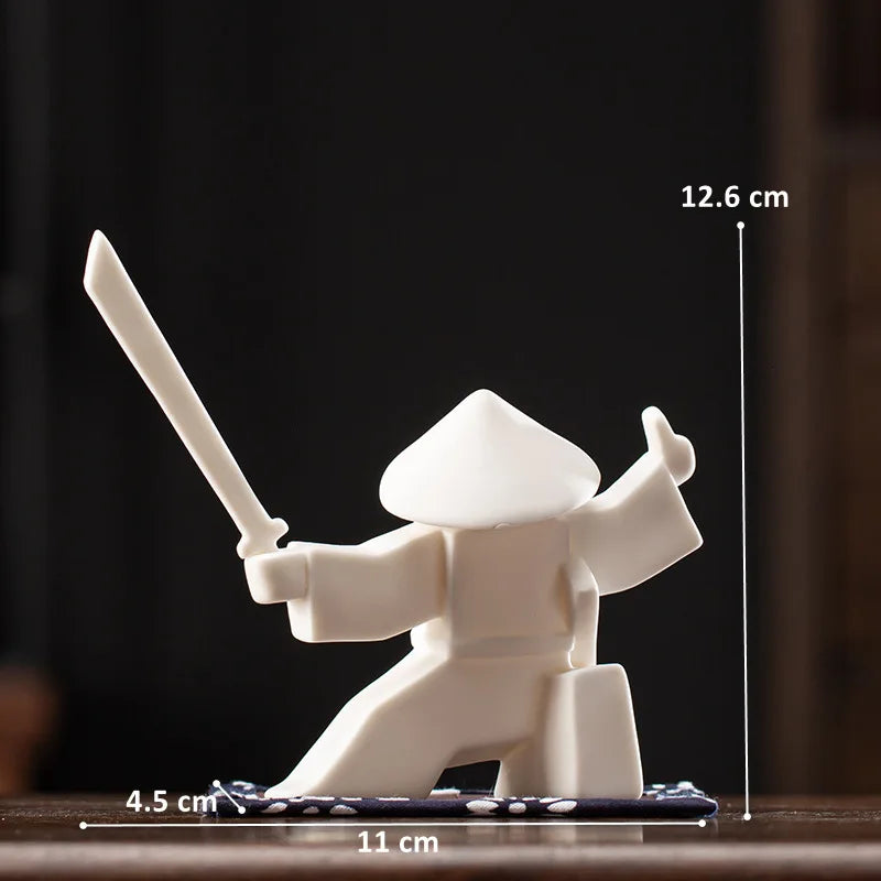 Ceramic Samurai Figurine - Geometric Oriental Desk Decor