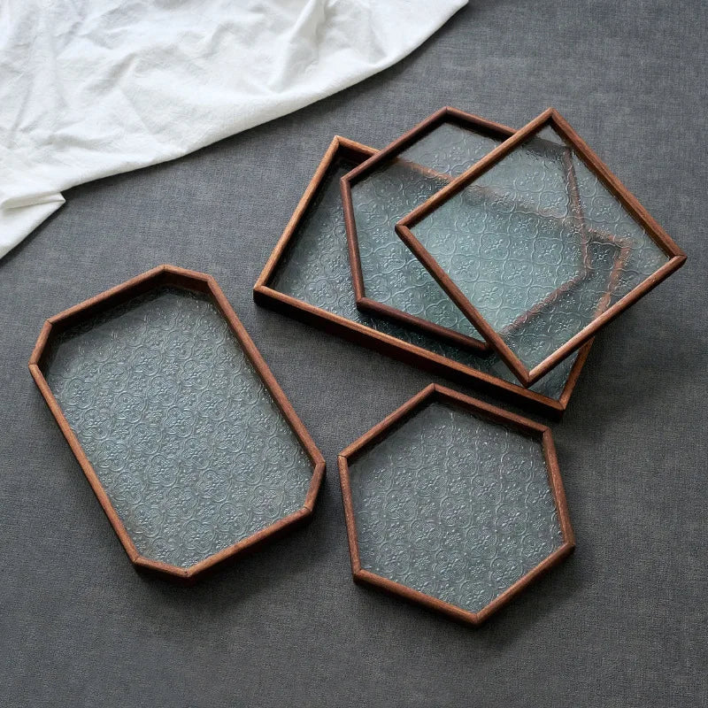 Japan-Style Wood & Embossed Glass Serving Tray