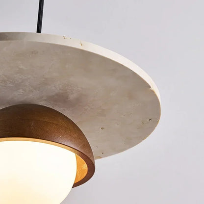 Walnut and Stone Pendant Light - Scandinavian LED Chandelier with Wood Dome and Stone Disc for Dining Room, Kitchen Island
