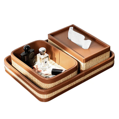 Luxury Natural Straw & Leather Tissue Box Multifunctional Storage Set
