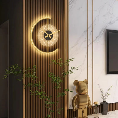 Wall Lamp and Clock Combined - Post Modern Golden Crescent LED Sconce with Clock for Bedroom, Living Room, Hallway Decor