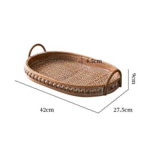 Vintage Oval Rattan Wooden Serving Tray with Handles