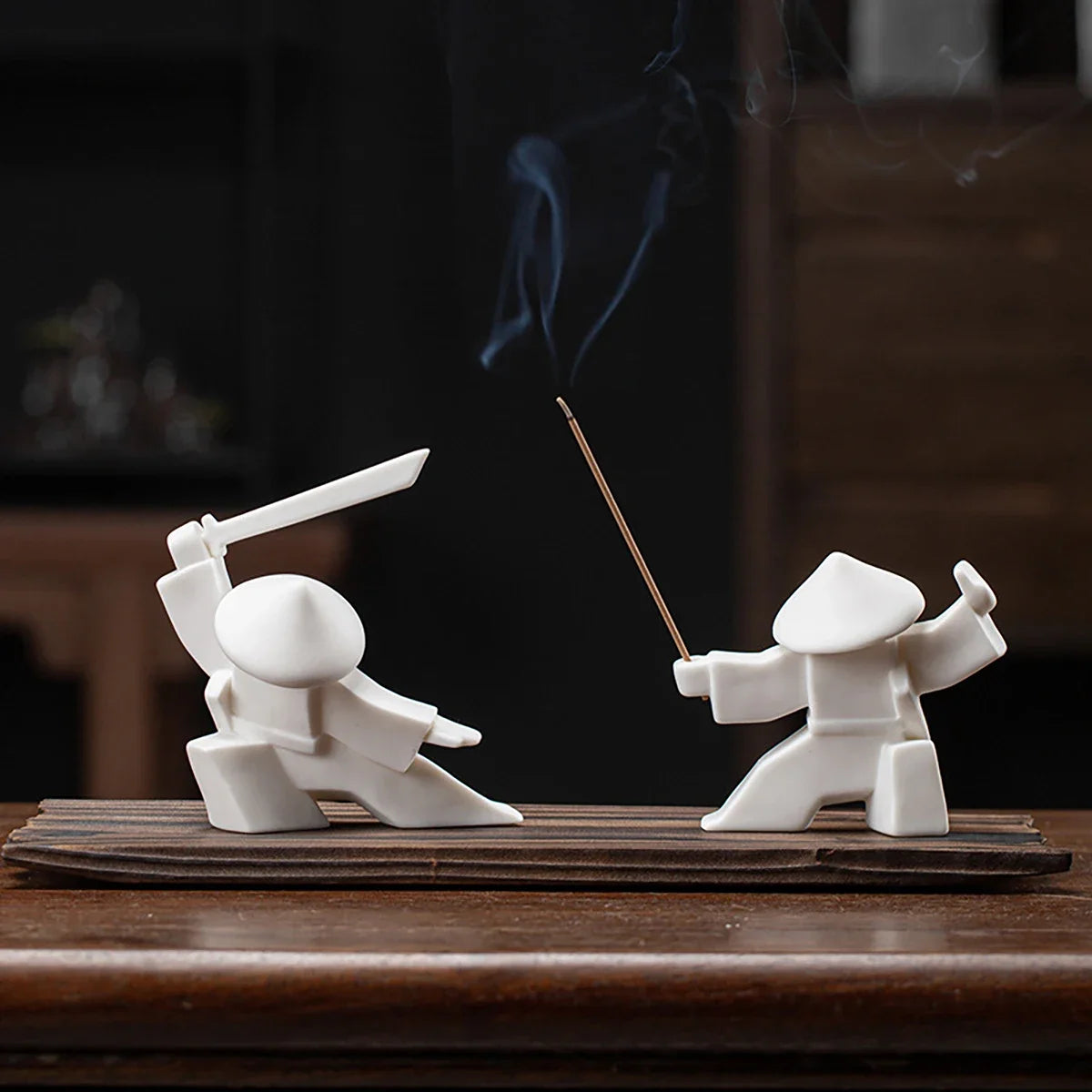 Ceramic Samurai Figurine - Geometric Oriental Desk Decor