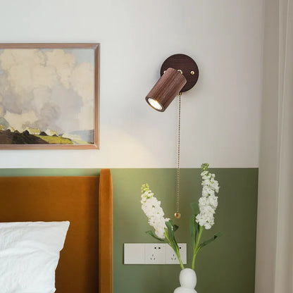 Walnut Wall Lamp LED Spotlight - Rotatable Solid Wood and Brushed Brass Sconce for Bedside, Reading Nook, Retro Modern
