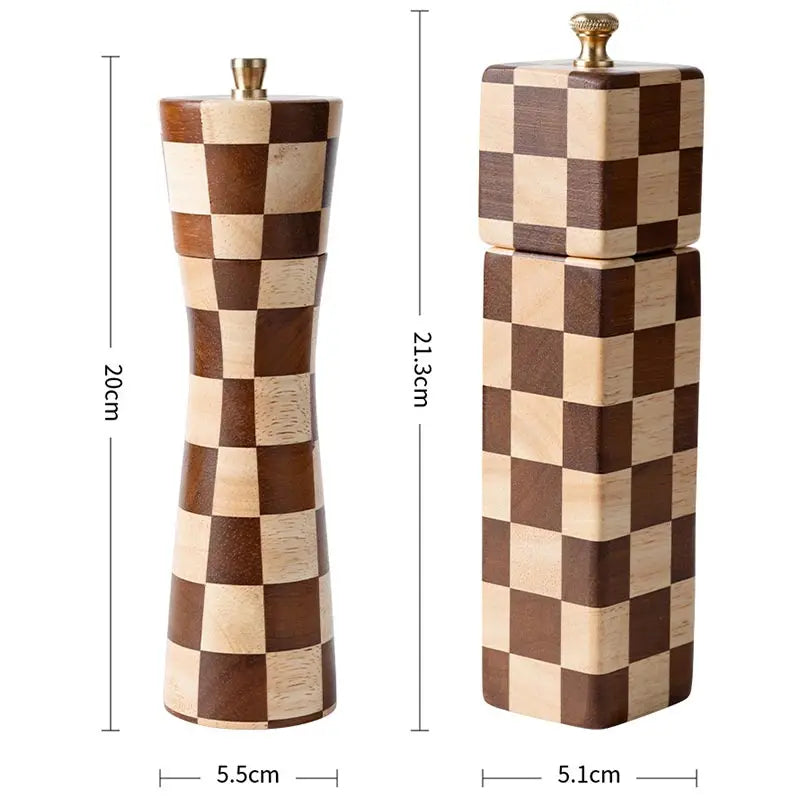 Solid Wood Checkerboard Pepper Grinder & Sea Salt Mill