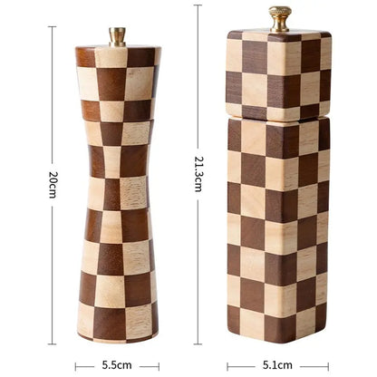 Solid Wood Checkerboard Pepper Grinder & Sea Salt Mill