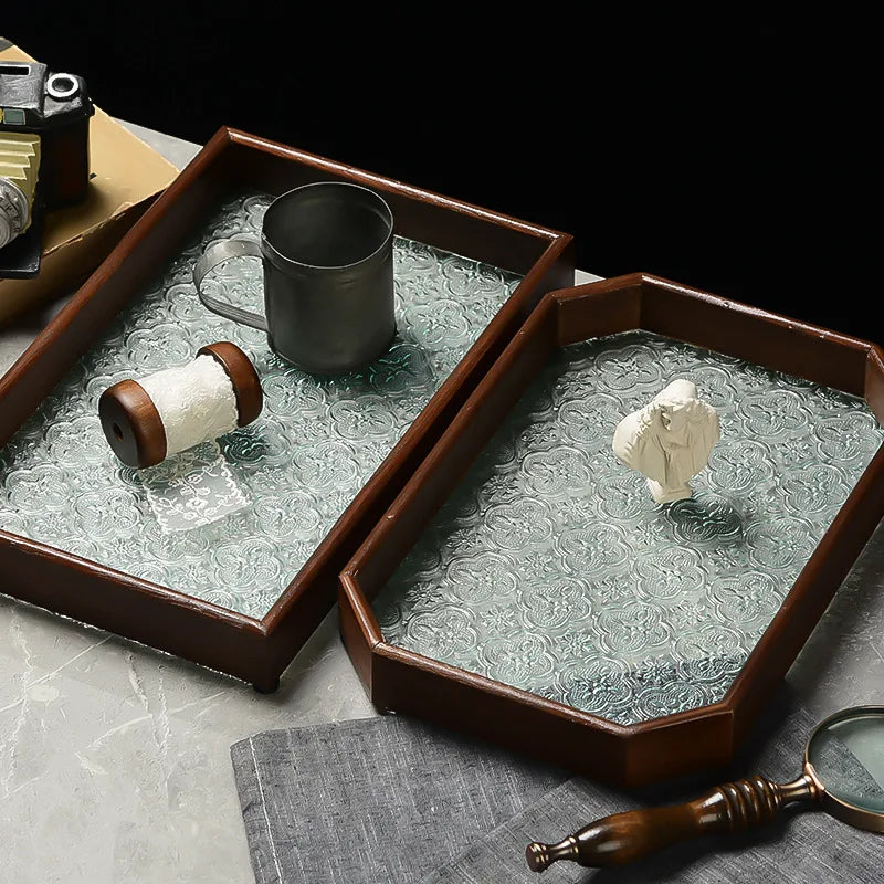 Japan-Style Wood & Embossed Glass Serving Tray