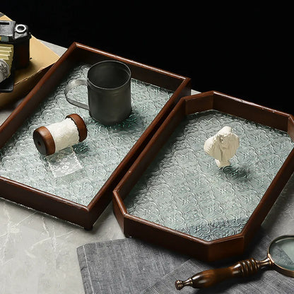 Japan-Style Wood & Embossed Glass Serving Tray