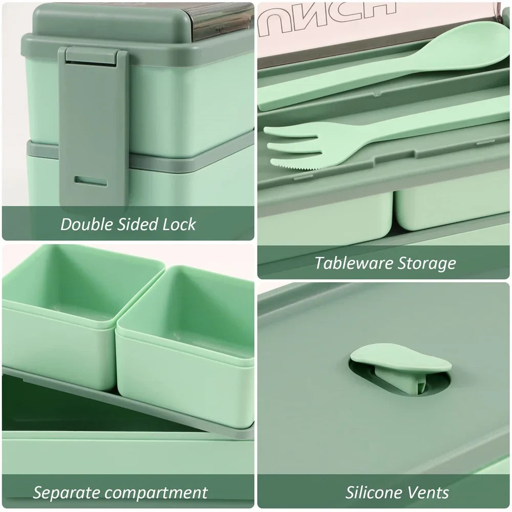 1400ml Double Layer Bento Box | Portable Lunch Box with Fork & Spoon – Microwave Safe Food Storage for Kids & Adults