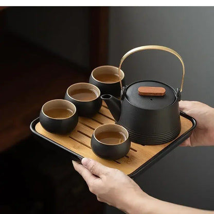 Black Ceramic Kung Fu Tea Set with Travel Case & Dragon Tea Pet