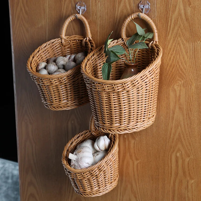 Wall-Mounted Wicker-Style Storage Basket for Kitchen, Fruit & Home Decor