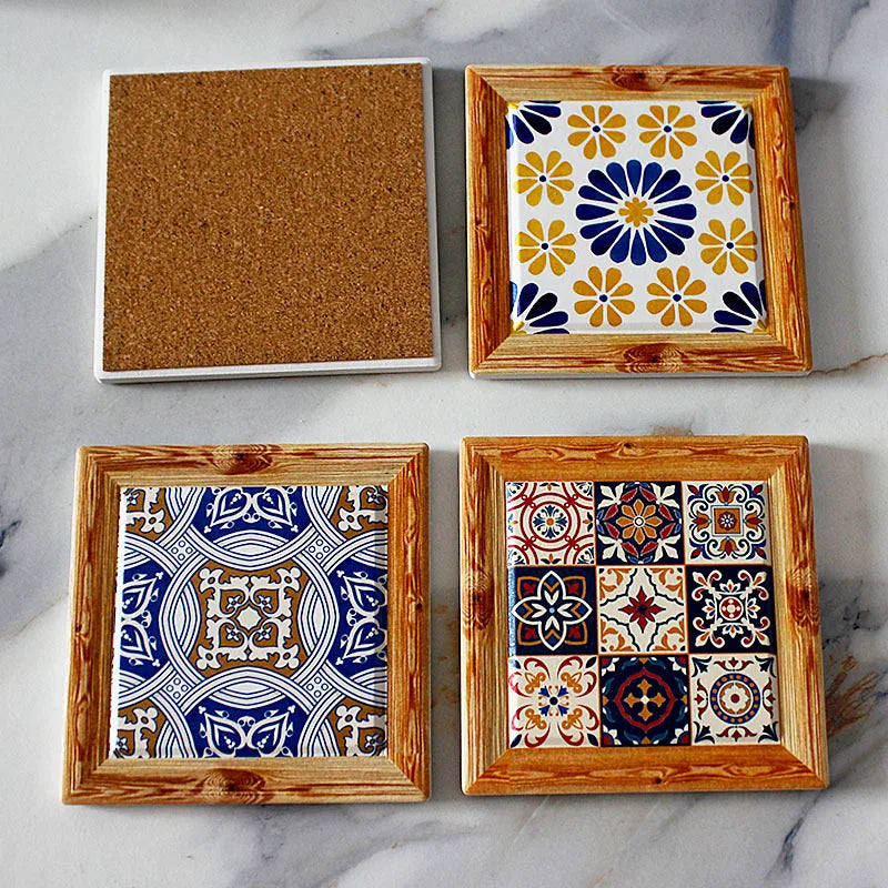 Bohemian Hand-Painted Floral Tile Ceramic Coaster with Cork Base | Table Decor