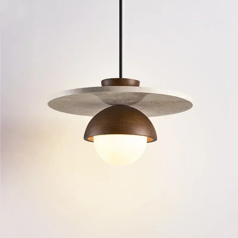 Walnut and Stone Pendant Light - Scandinavian LED Chandelier with Wood Dome and Stone Disc for Dining Room, Kitchen Island