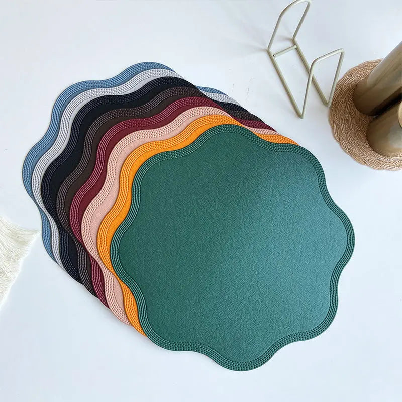 Round Faux Leather Placemats - Luxury Embossed Flower Design Waterproof Table Mats for Dining, Easy Clean, Elegant Decor