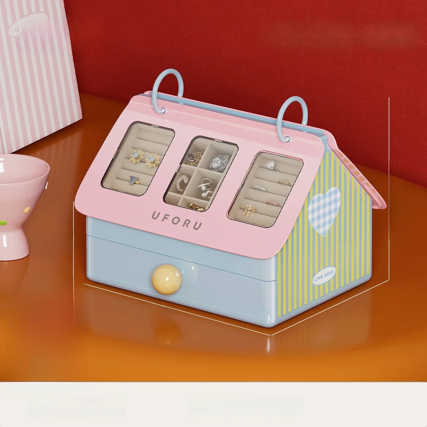 House-Shaped 9-Grid Jewelry Storage Box with Flip Cover