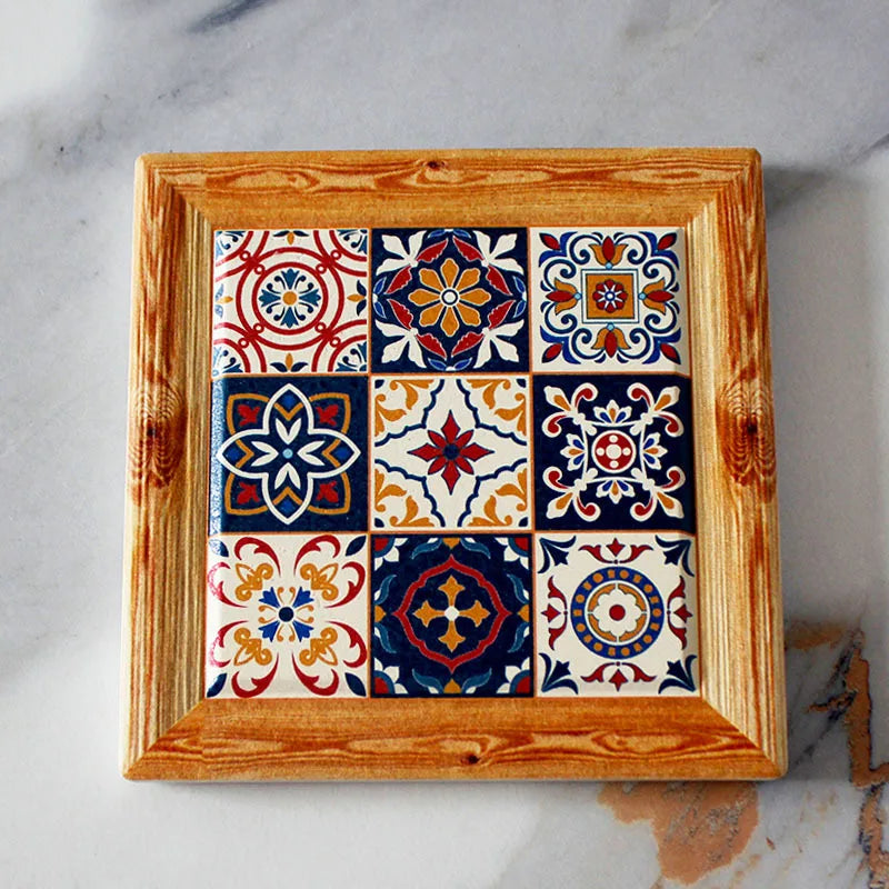 Bohemian Hand-Painted Floral Tile Ceramic Coaster with Cork Base | Table Decor
