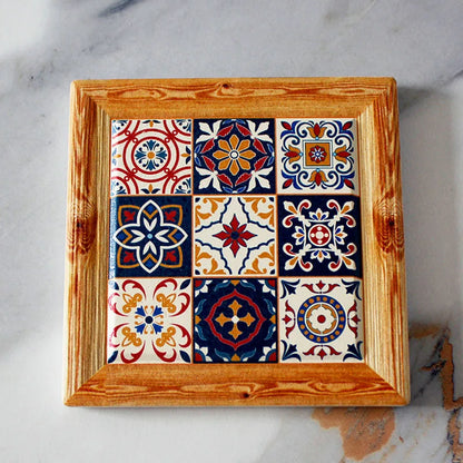 Bohemian Hand-Painted Floral Tile Ceramic Coaster with Cork Base | Table Decor