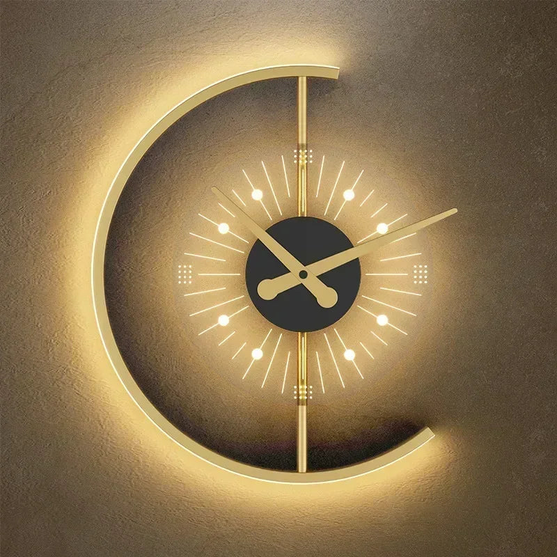 Wall Lamp and Clock Combined - Post Modern Golden Crescent LED Sconce with Clock for Bedroom, Living Room, Hallway Decor