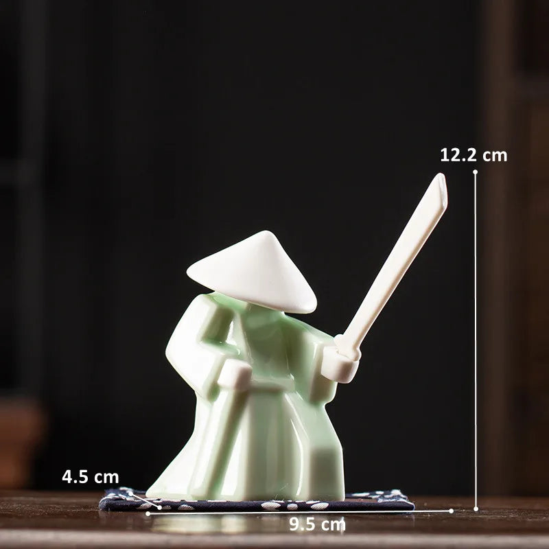 Ceramic Samurai Figurine - Geometric Oriental Desk Decor