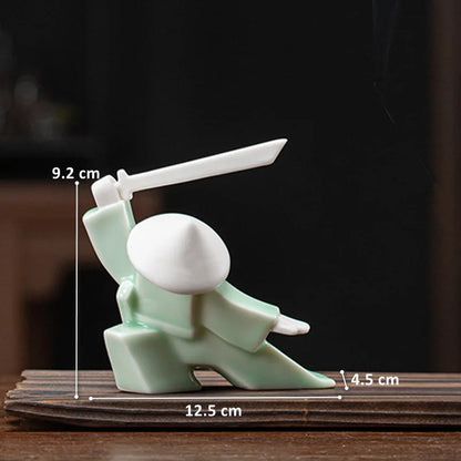 Ceramic Samurai Figurine - Geometric Oriental Desk Decor
