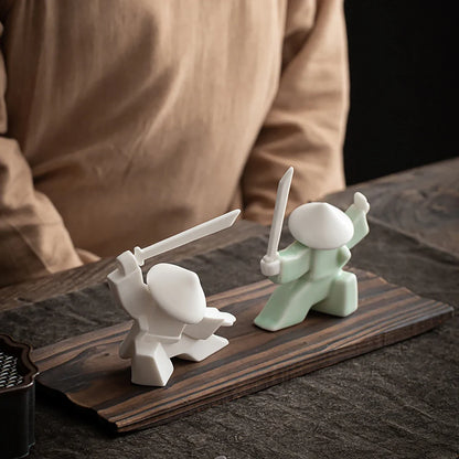 Ceramic Samurai Figurine - Geometric Oriental Desk Decor