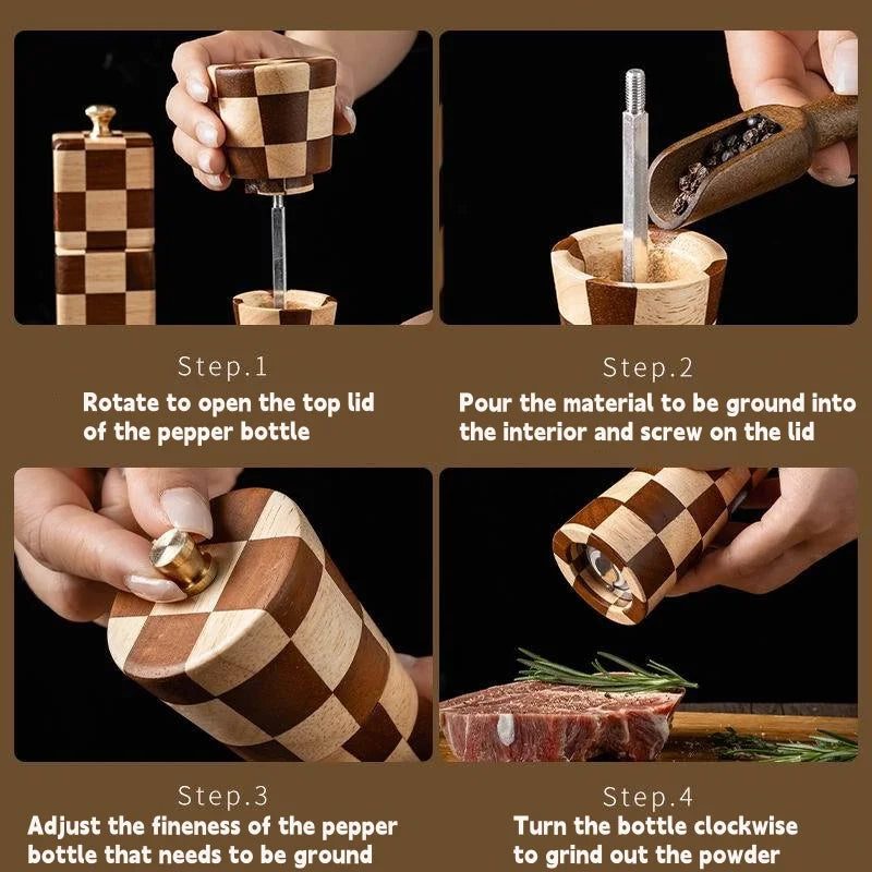 Solid Wood Checkerboard Pepper Grinder & Sea Salt Mill