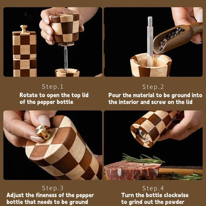Solid Wood Checkerboard Pepper Grinder & Sea Salt Mill